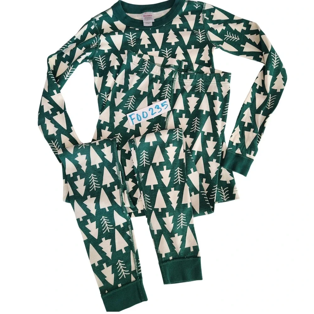 Hanna Anderson 100% Organic Cotton Green White Trees Pajama Set Like NEW Size 12